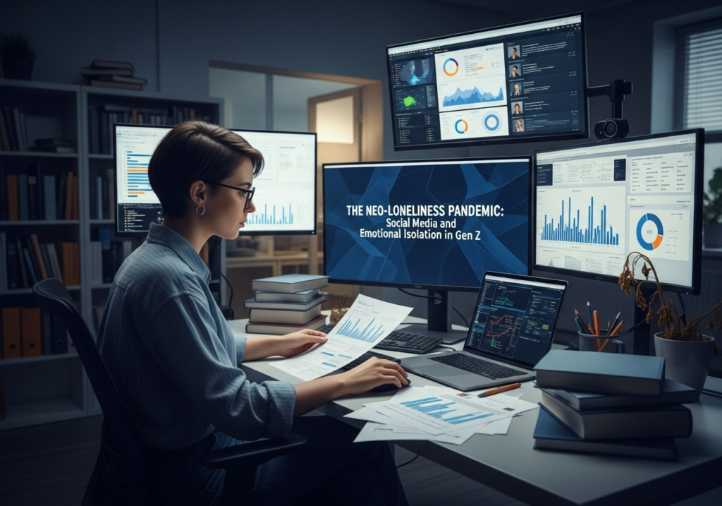 Młoda badaczka analizująca wpływ social mediów na izolację emocjonalną pokolenia Z – wizualizacja cichej pandemii neo-samotności